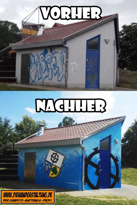 mühlhausen spielpaltz häuschen wasser wappen blau graffiti billmaier die wandgestaltung graffitiauftrag garagentor sinsheim heidelberg karlsruhe mannheim speyer